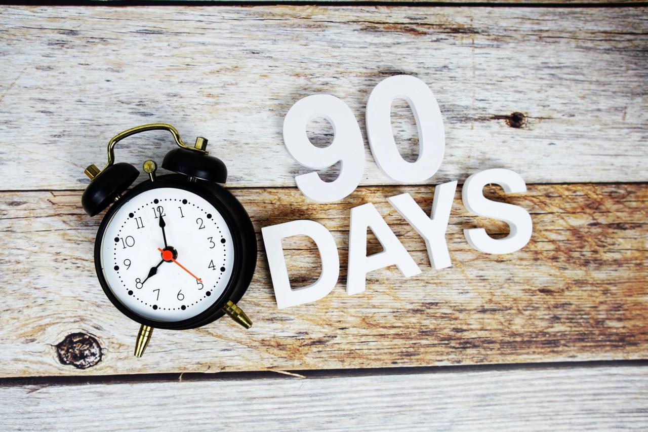 Black alarm clock beside 90 days text