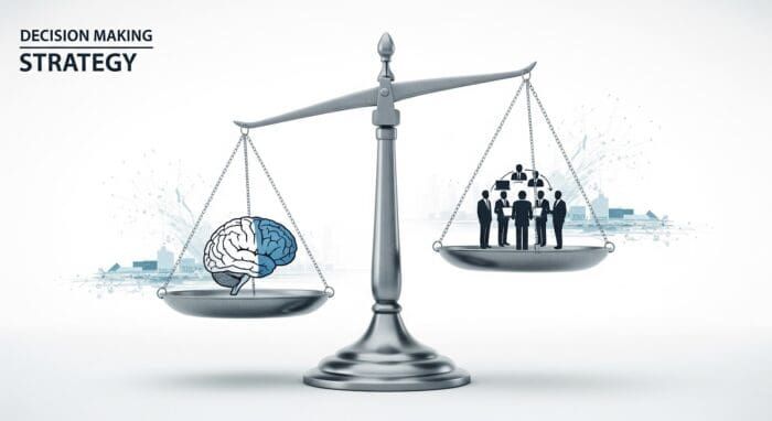Brain and people balanced on scales symbolizing strategy.