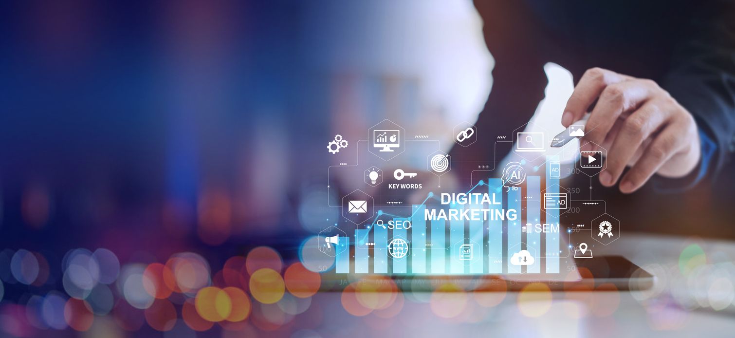 Person using digital marketing tools on tablet.