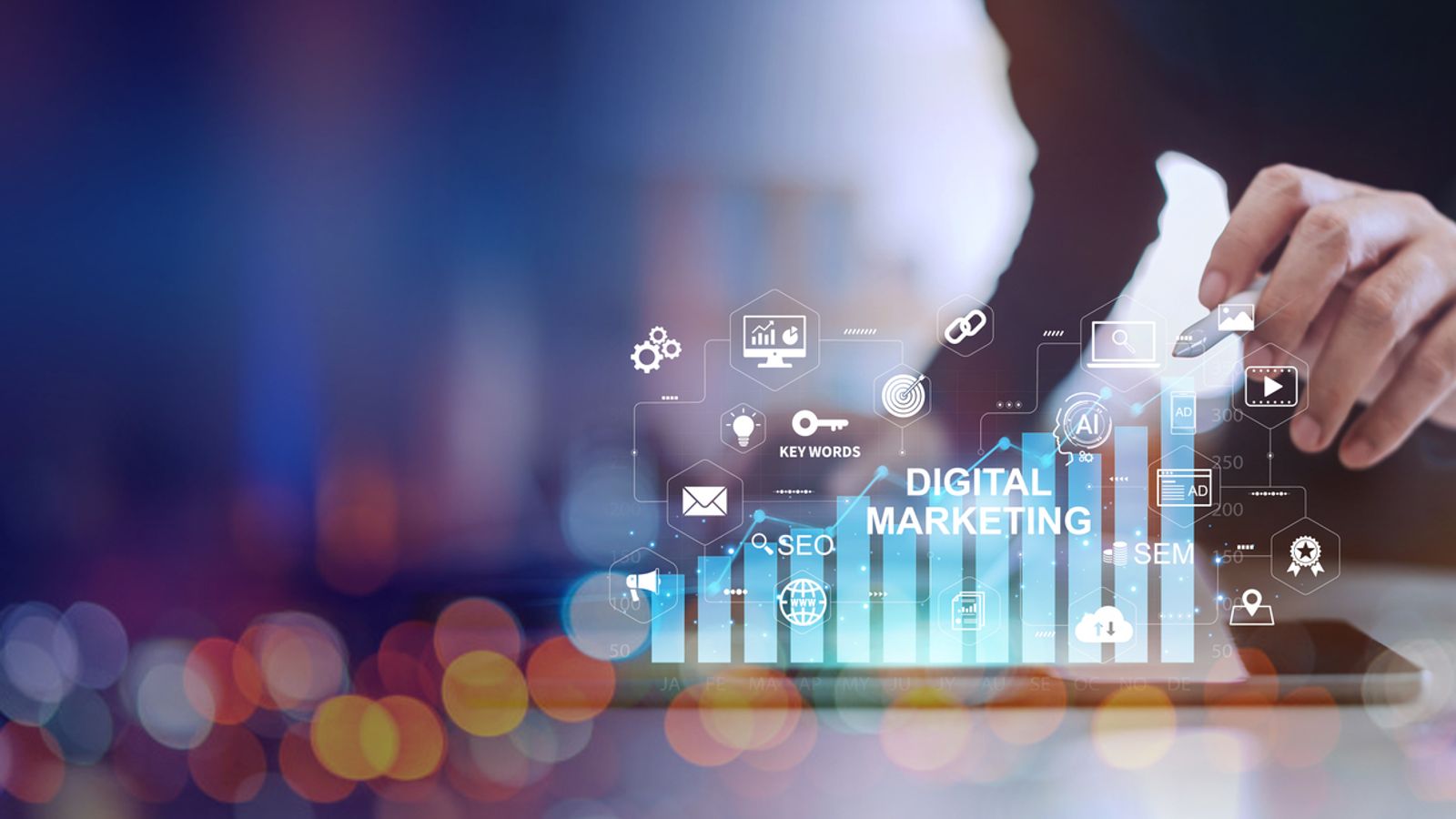 Person using digital marketing tools on tablet.