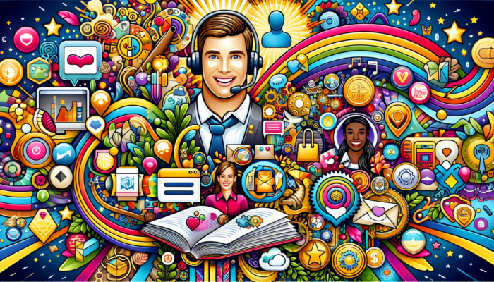 Colorful digital art of people with technology and nature icons