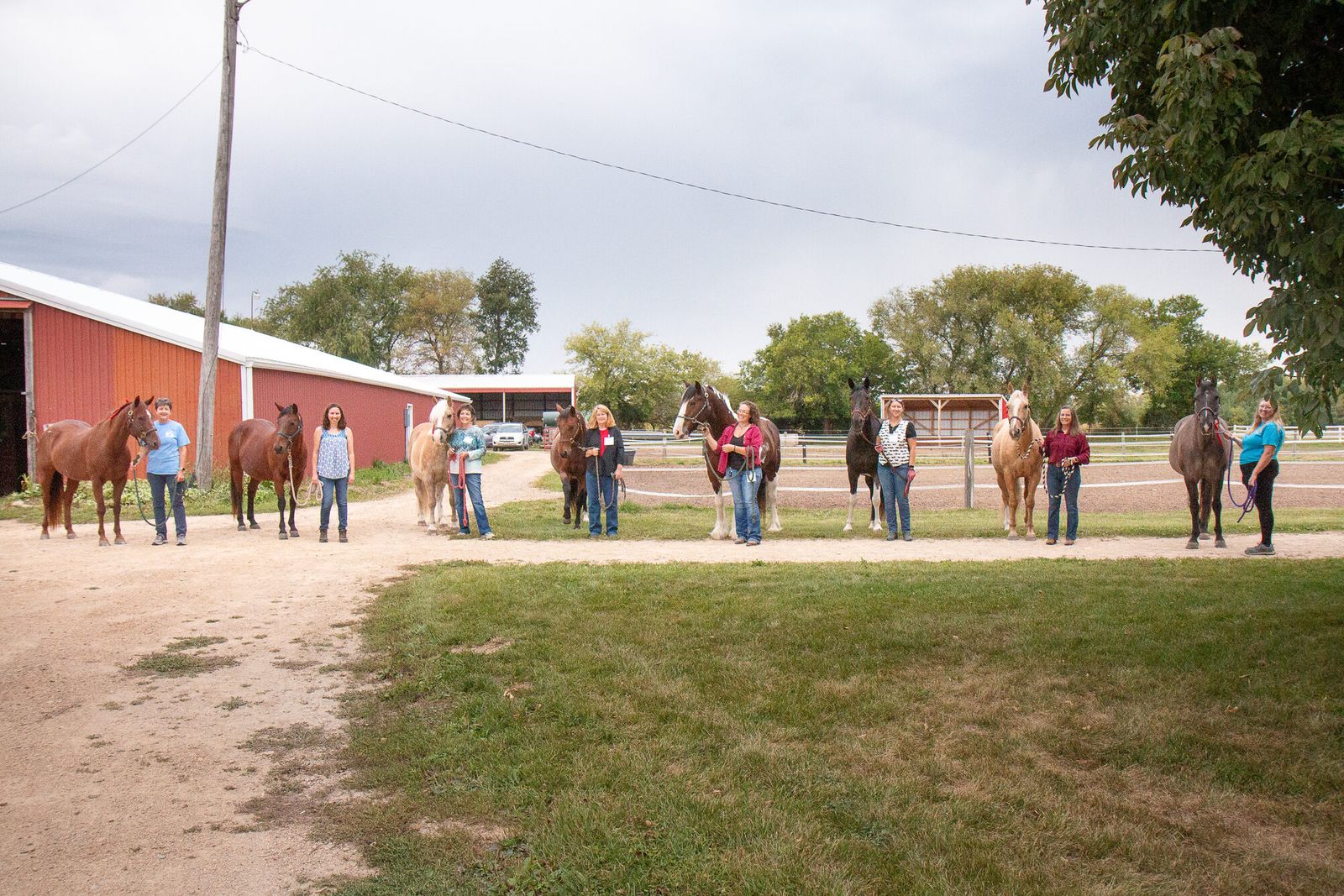 Three Gaits participants and volunteers standing with horses on the therapeutic riding centre grounds