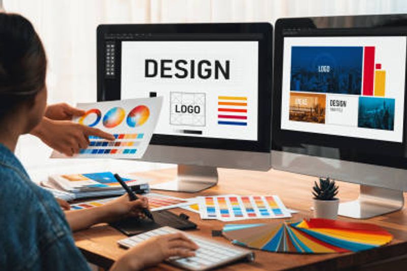Designers collaborating on computer graphics and logos.