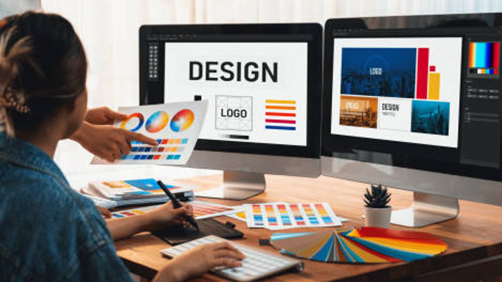 Designers collaborating on computer graphics and logos.