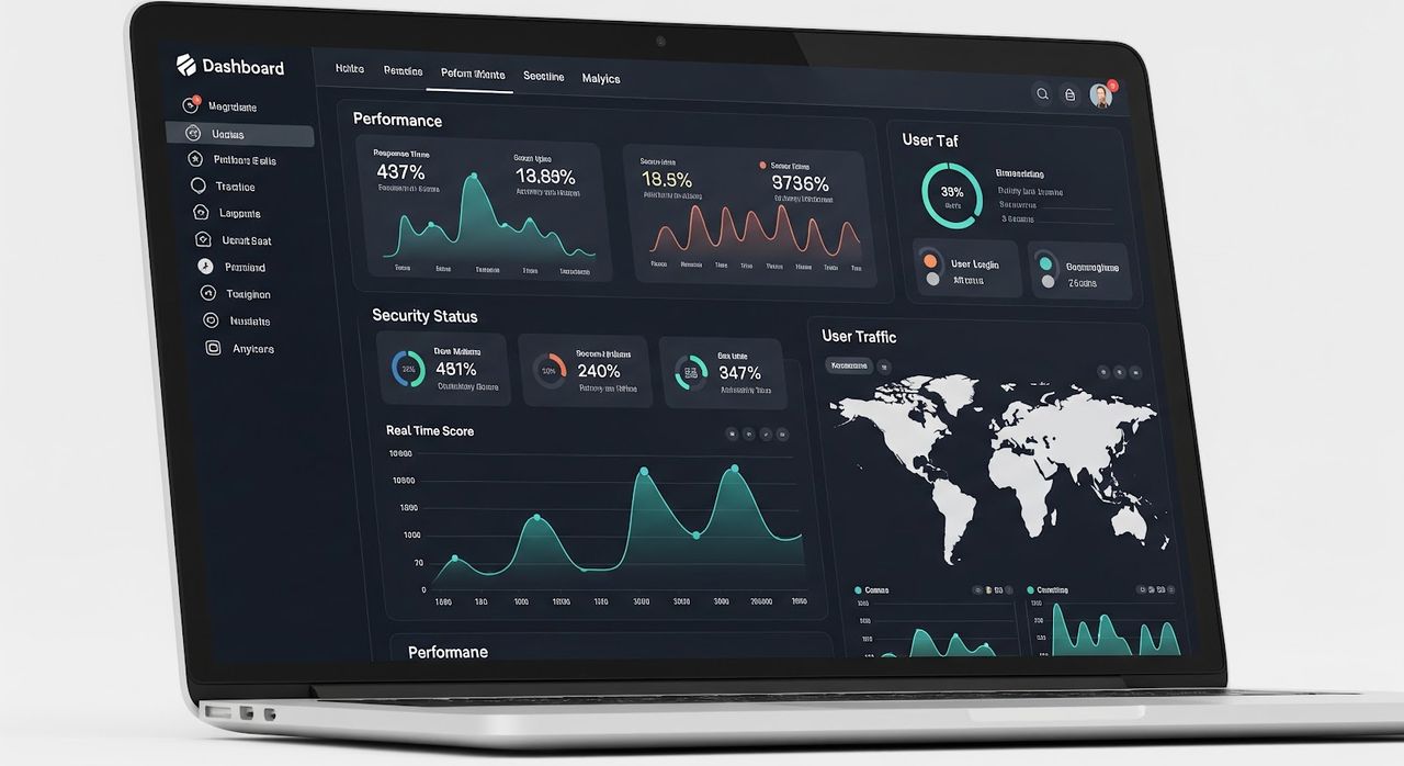 Laptop displaying analytics dashboard interface.