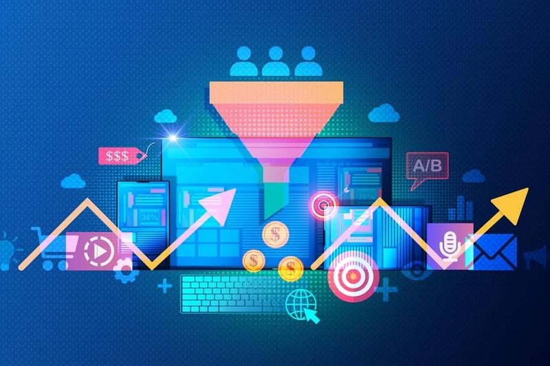 An illustration of a marketing funnel drawing people in, ringed by icons for analytics, A/B testing, email, charts and devices.