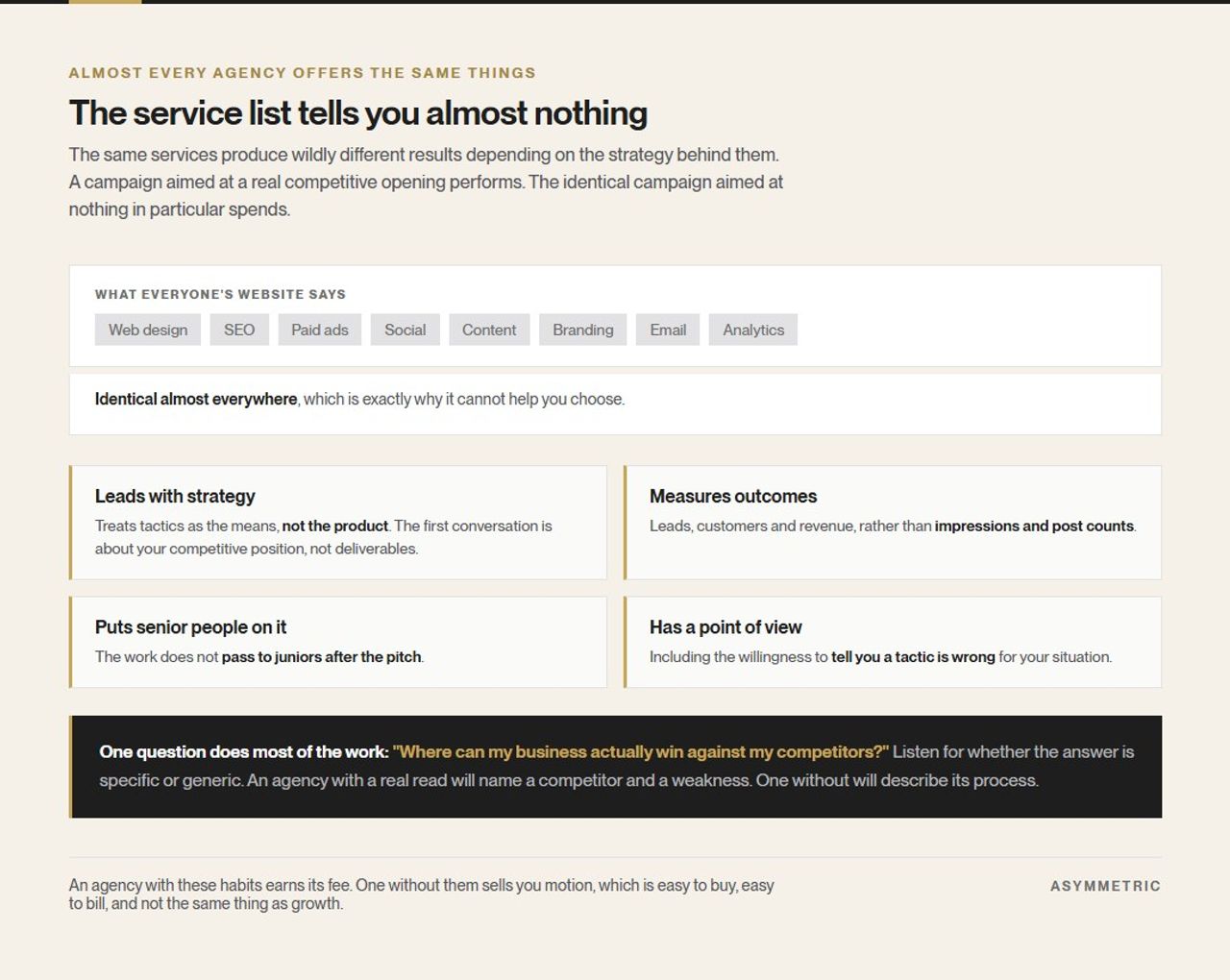 A typical agency service list shown as interchangeable chips, followed by four traits that actually distinguish agencies: leading with strategy, measuring outcomes, putting senior people on the work, and holding a point of view.