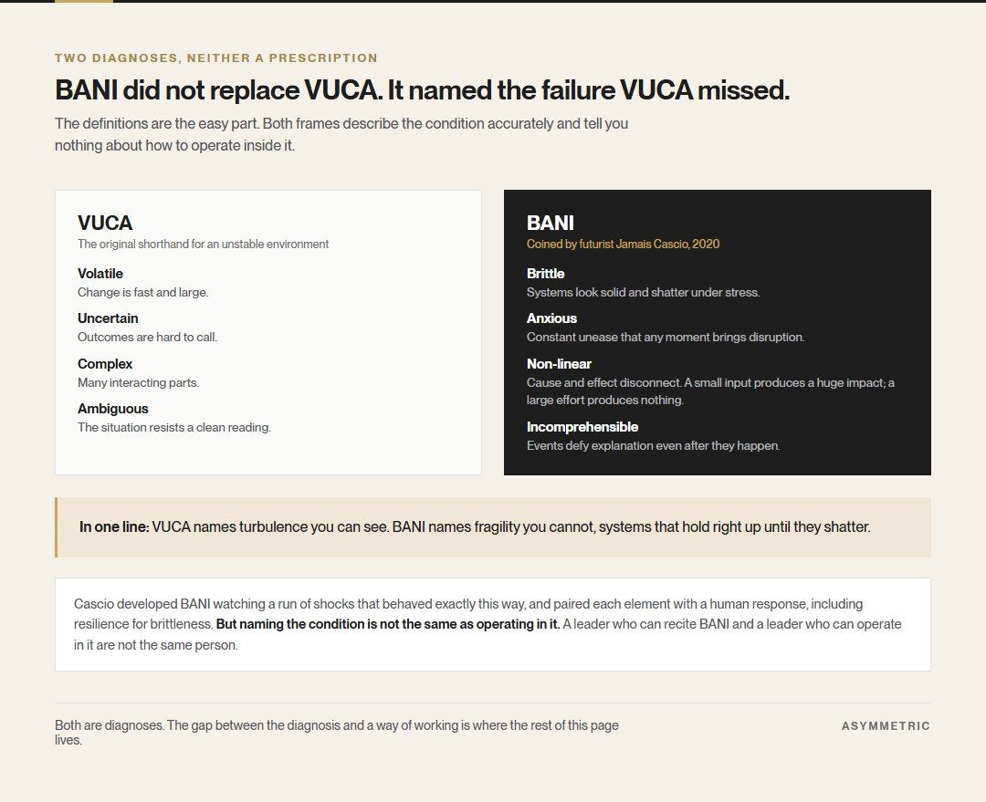 VUCA and BANI set side by side with each letter defined. VUCA names volatility, uncertainty, complexity and ambiguity; BANI names brittleness, anxiety, non-linearity and incomprehensibility.