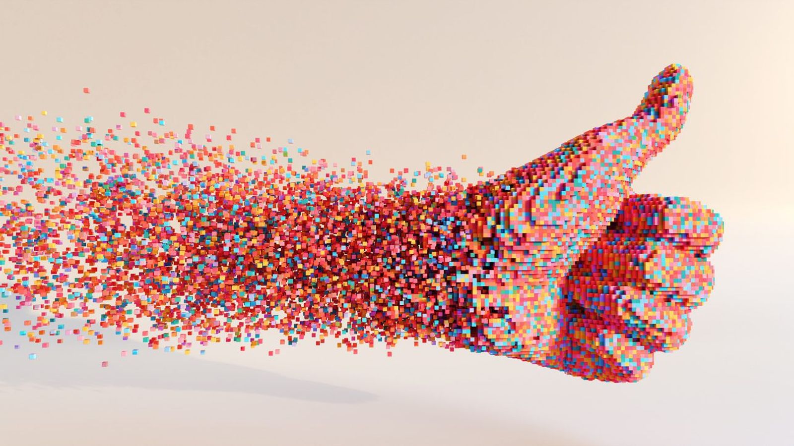 A thumbs-up hand gesture composed of numerous small, colorful cubes disintegrates into the air, creating a dynamic, pixelated effect against a light beige background—a modern take on digital marketing in Madison, Wisconsin.