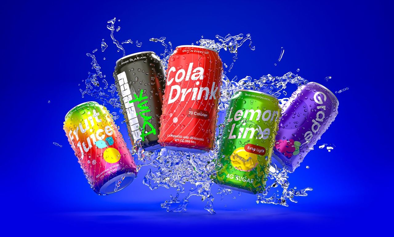 Colorful soda cans splashing water.