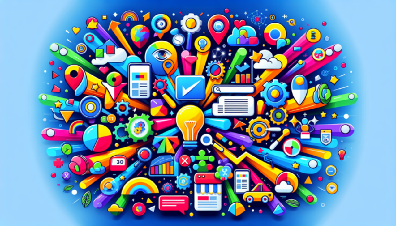 A vibrant illustration featuring a burst of app icons and symbols, including gears, clouds, arrows, and lightbulbs, set against a gradient blue background. The imagery captures the essence of technology, creativity, communication, and search engine marketing.