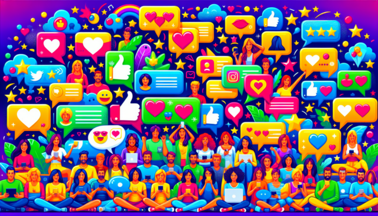Colorful illustration of diverse people using social media
