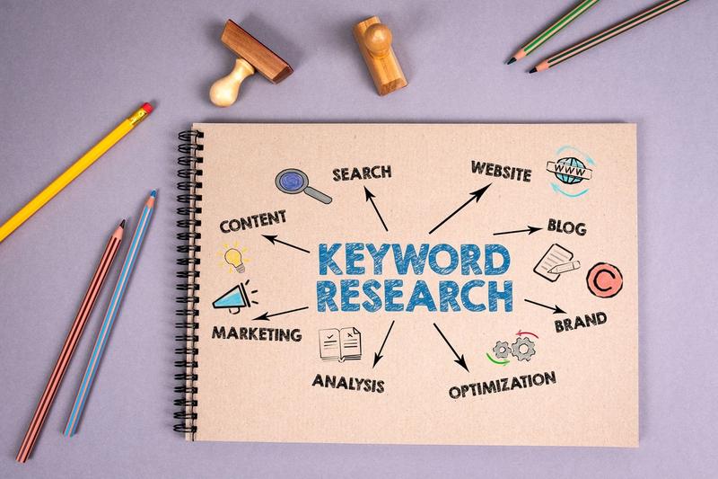 Notebook illustrating keyword research and SEO concepts