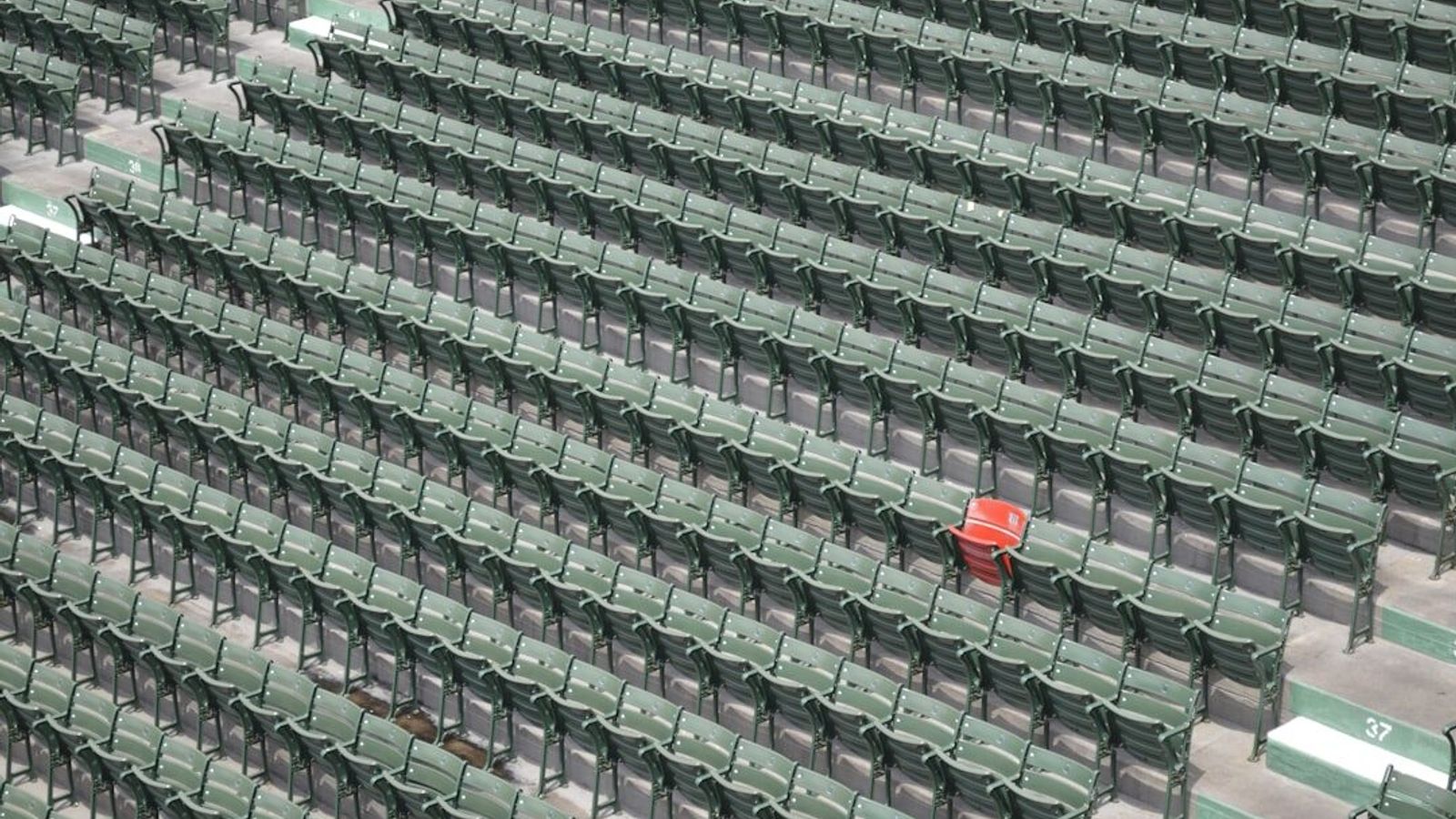 Rows of identical green stadium seats with one red seat among them, standing apart from every other seat in the block.