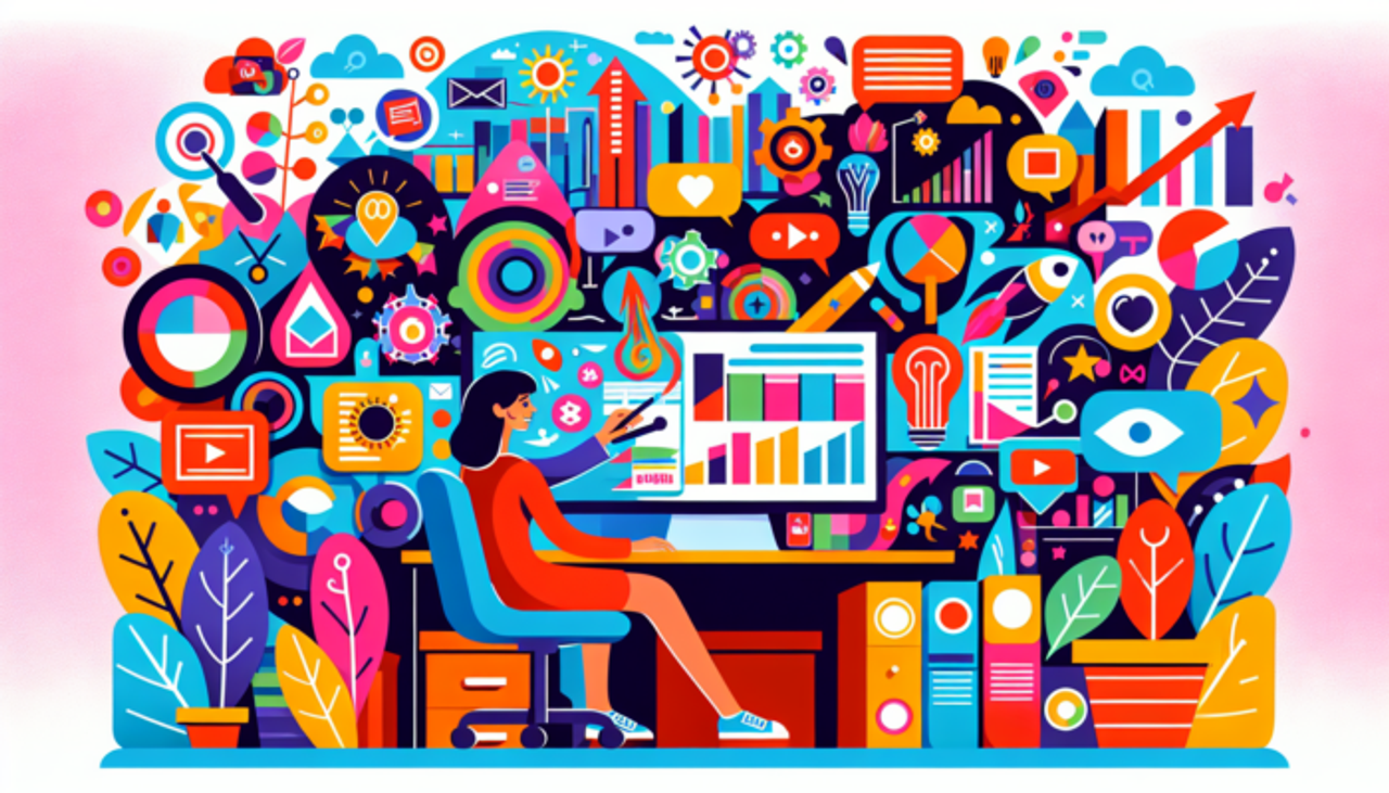 Colorful digital marketing and analytics workspace illustration