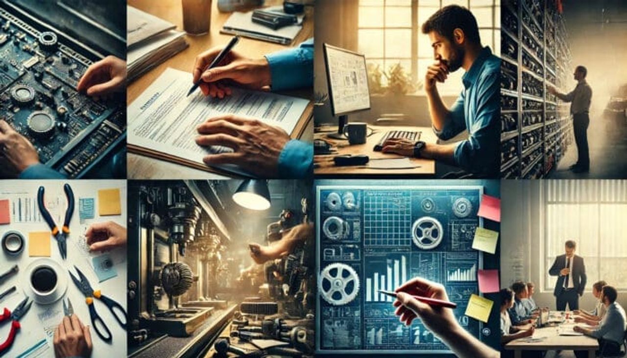 A collage of technology and engineering scenes. Top left: soldering a circuit board, middle left: filling out paperwork, top center: working at a computer, top right: inspecting server racks, bottom left: tools and notes with a quote "Diligence is the Mother of Good Luck," bottom center: machinery, bottom right: a business meeting.