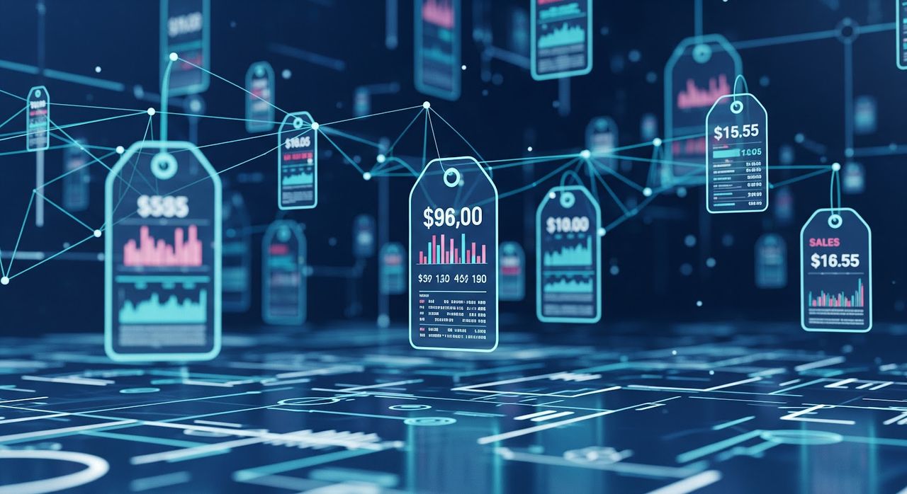 Digital price tags with data and graphs display.