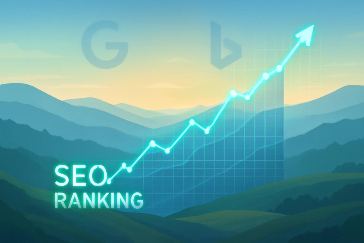 SEO ranking rising with mountain backdrop