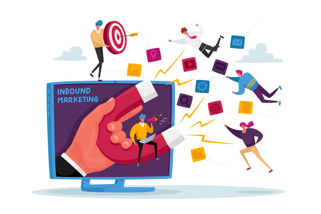 Cartoon of dynamic inbound marketing strategy illustration