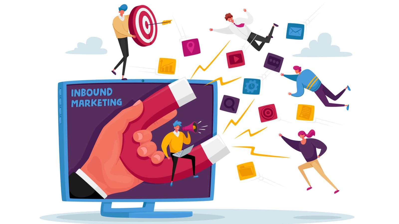 Cartoon of dynamic inbound marketing strategy illustration
