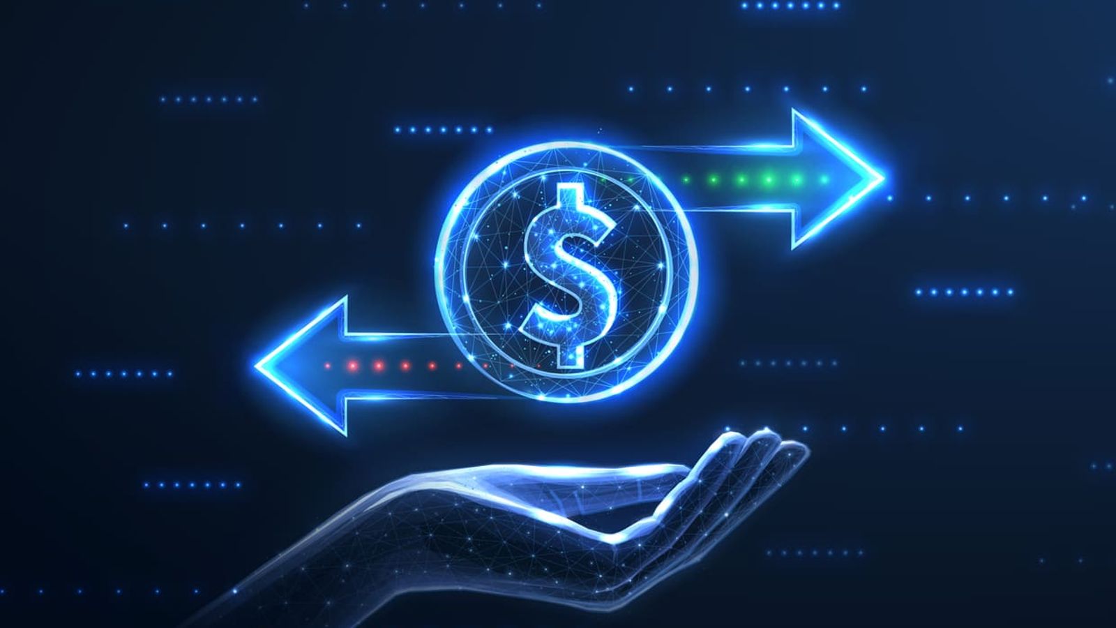 A digital hand appears to hold a glowing dollar sign with two arrows, one red pointing left and one green pointing right, symbolizing financial transactions and competitor strategy. The background is dark with abstract blue light patterns.