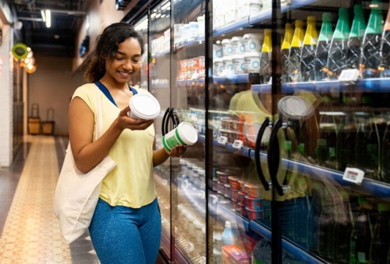 Woman comparing yogurt brands in grocery store aisle as an example of price competitor.