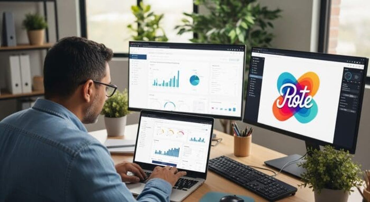 Person analyzing data on multiple computer screens.