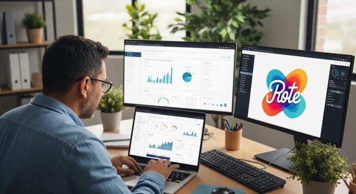 Person analyzing data on multiple computer screens.
