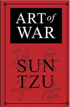 Red book cover of "The Art of War" by Sun Tzu. The title is in white and black uppercase font, and the author's name is in large black uppercase font against a red background with subtle Chinese characters. The image, featuring "The Art of War," has a black and white border.