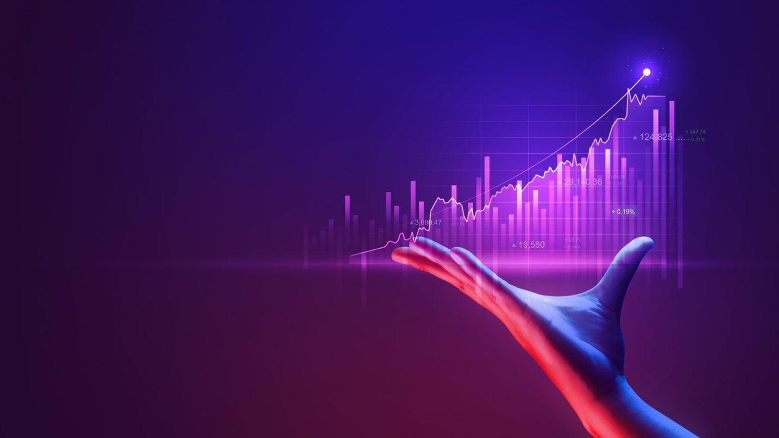 A hand is shown with the palm facing upwards, presenting a digital graph. The graph features a purple background and various upward-trending lines and data points, suggesting financial growth or positive economic trends. A bright light highlights the peak of the graph, showcasing the potential of Madison WI's marketing agency expertise.