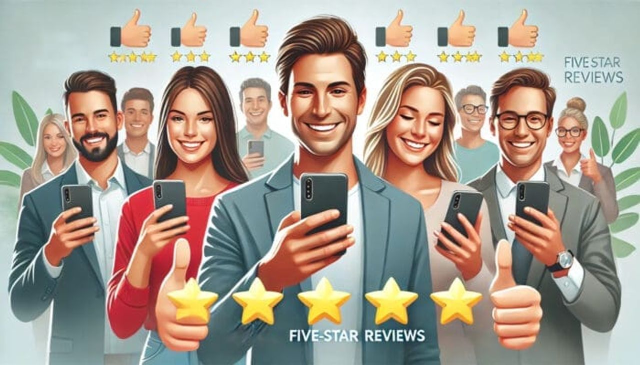 People giving thumbs up for five-star reviews