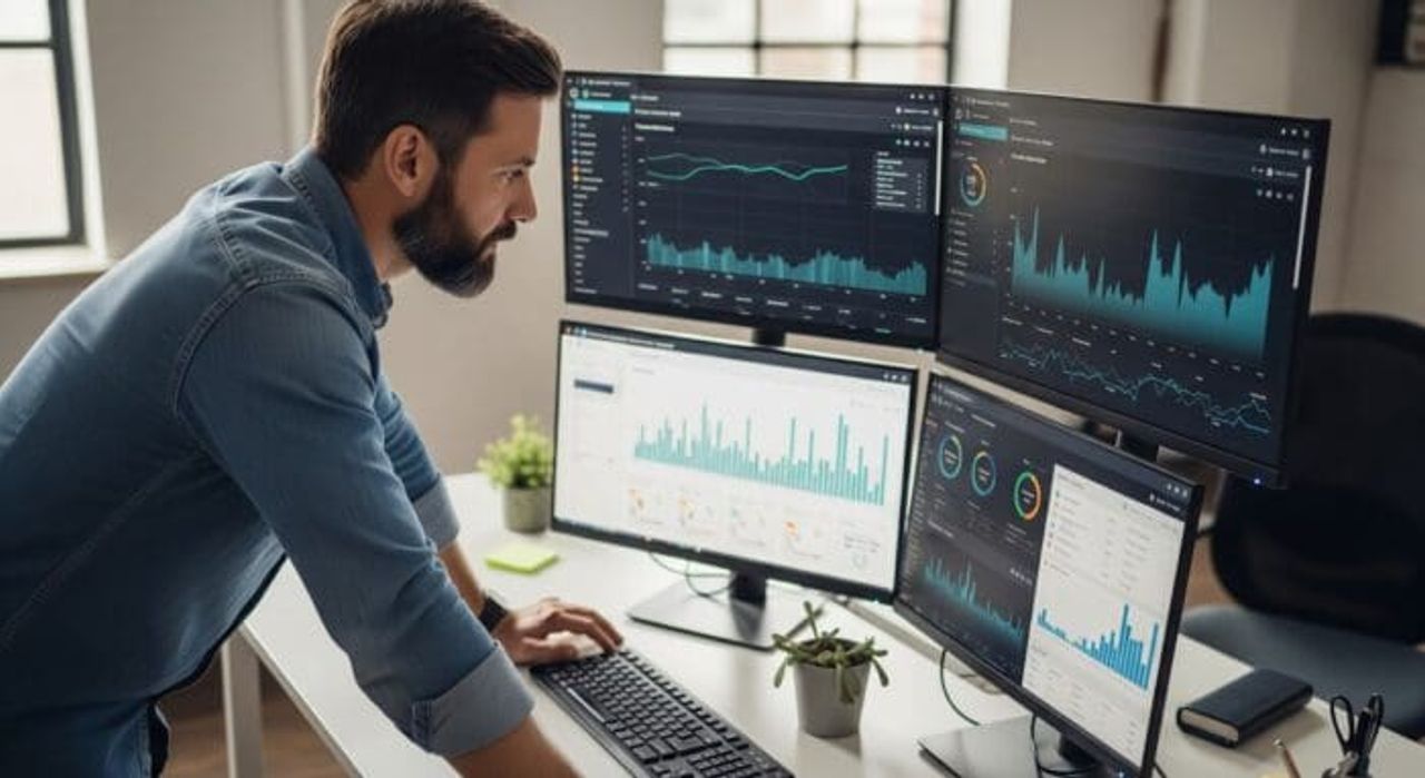 Man analyzing data on computer screens