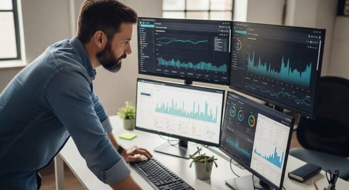 Man analyzing data on computer screens