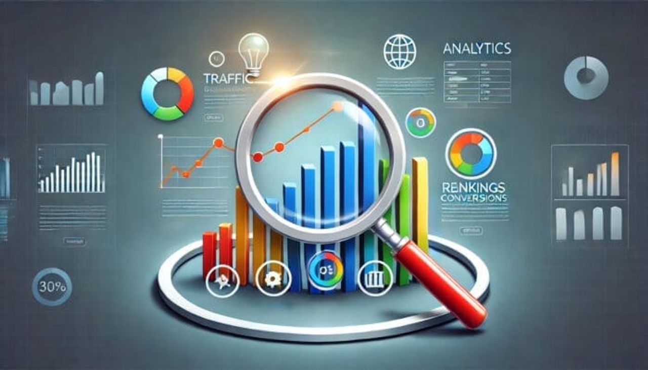 Digital marketing analytics visualization with magnifying glass
