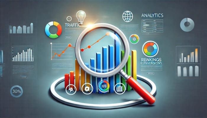 Digital marketing analytics visualization with magnifying glass