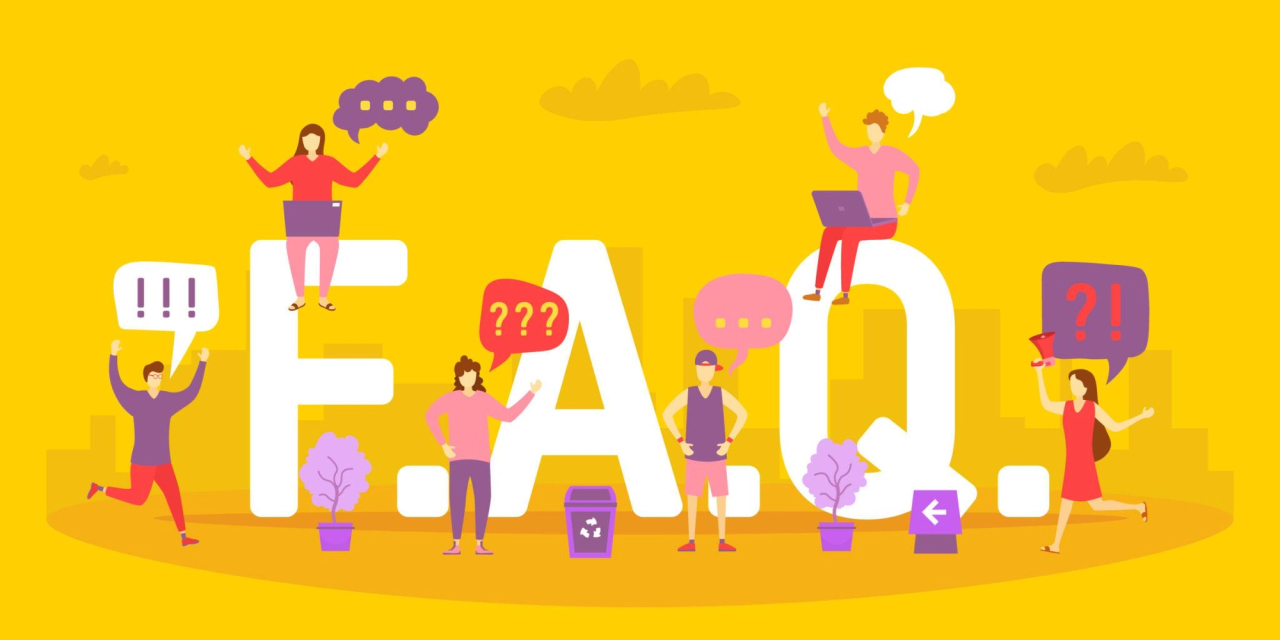 Illustration of the letters F.A.Q. at large scale, surrounded by people with speech bubbles, question marks and exclamation marks.