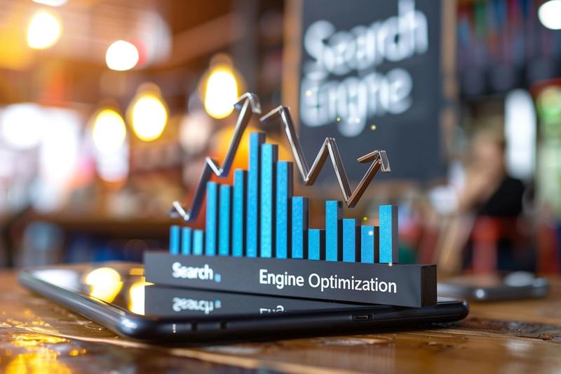 A 3D chart with blue bars and an upward arrow illustrates SEO success on a smartphone, highlighting organic results. In the background, there's a blurred "Search Engine" sign amidst a bustling café scene.