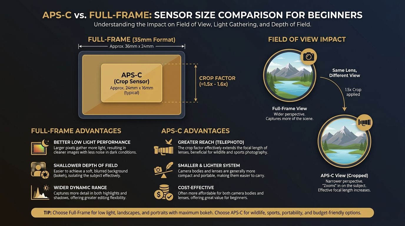 Diagram comparing APS-C and full-frame sensor sizes relative to each other for beginner photographers