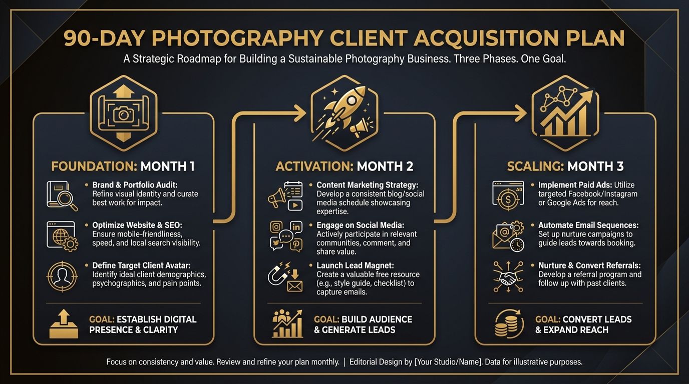 90-day photography client acquisition plan infographic showing three phases: Foundation, Activation, and Scaling