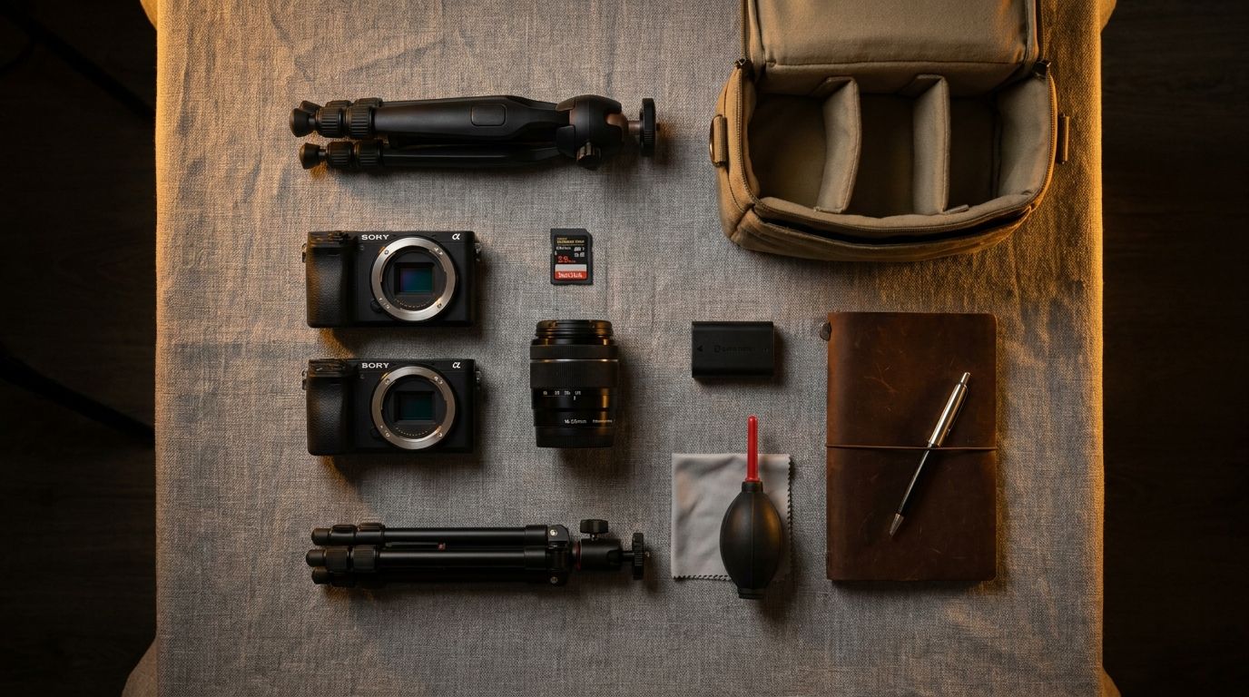 Flat lay of beginner photography starter kit showing camera body, kit lens, SD card, spare battery, tripod, padded camera bag, and lens cleaning kit on a neutral background