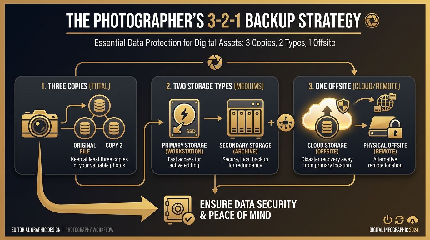 Diagram illustrating the 3-2-1 backup strategy for photographers showing three copies on two storage types with one offsite or cloud backup