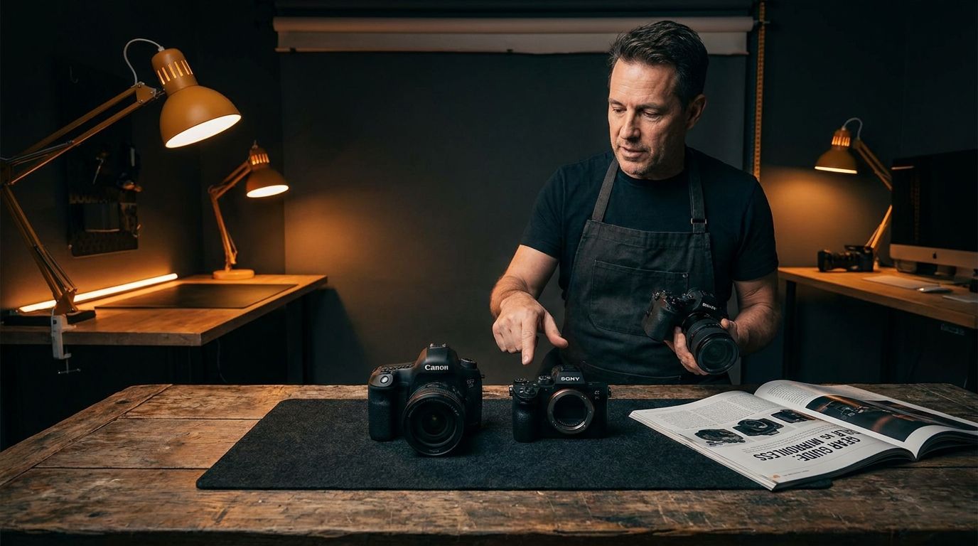 Side-by-side comparison of a DSLR camera body and a mirrorless camera body showing size and form factor differences for beginner buyers
