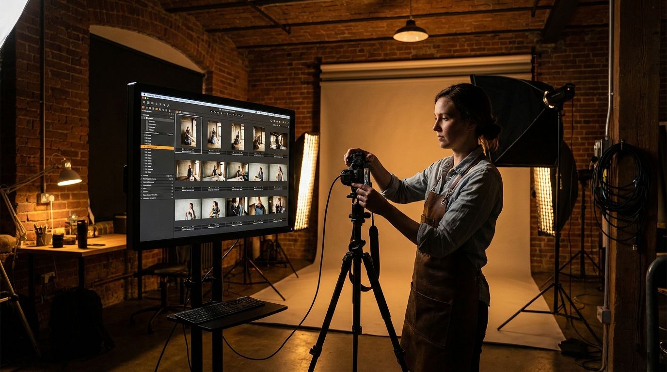 Capture One Pro tethered shooting interface displayed on a monitor in a professional photography studio