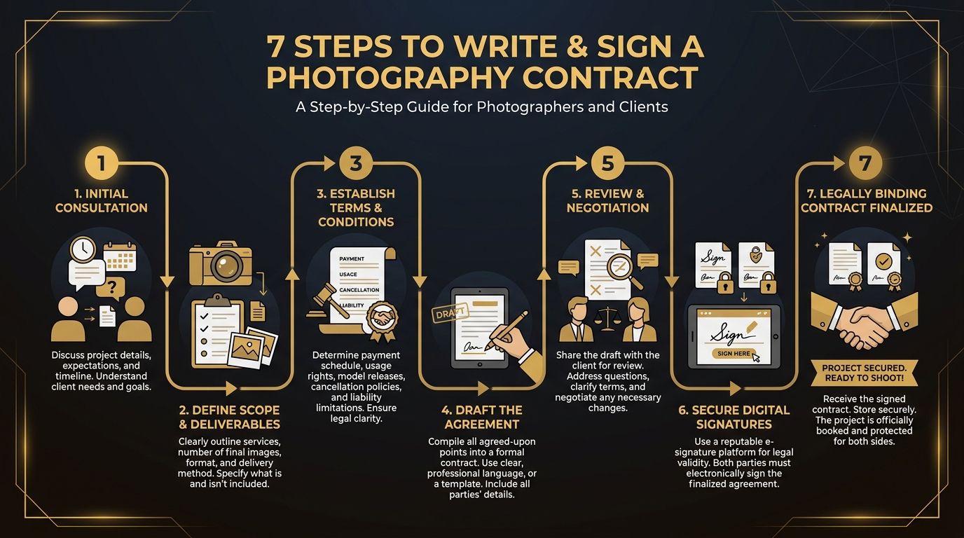 Step-by-step illustration of the 7 steps to write and sign a photography contract