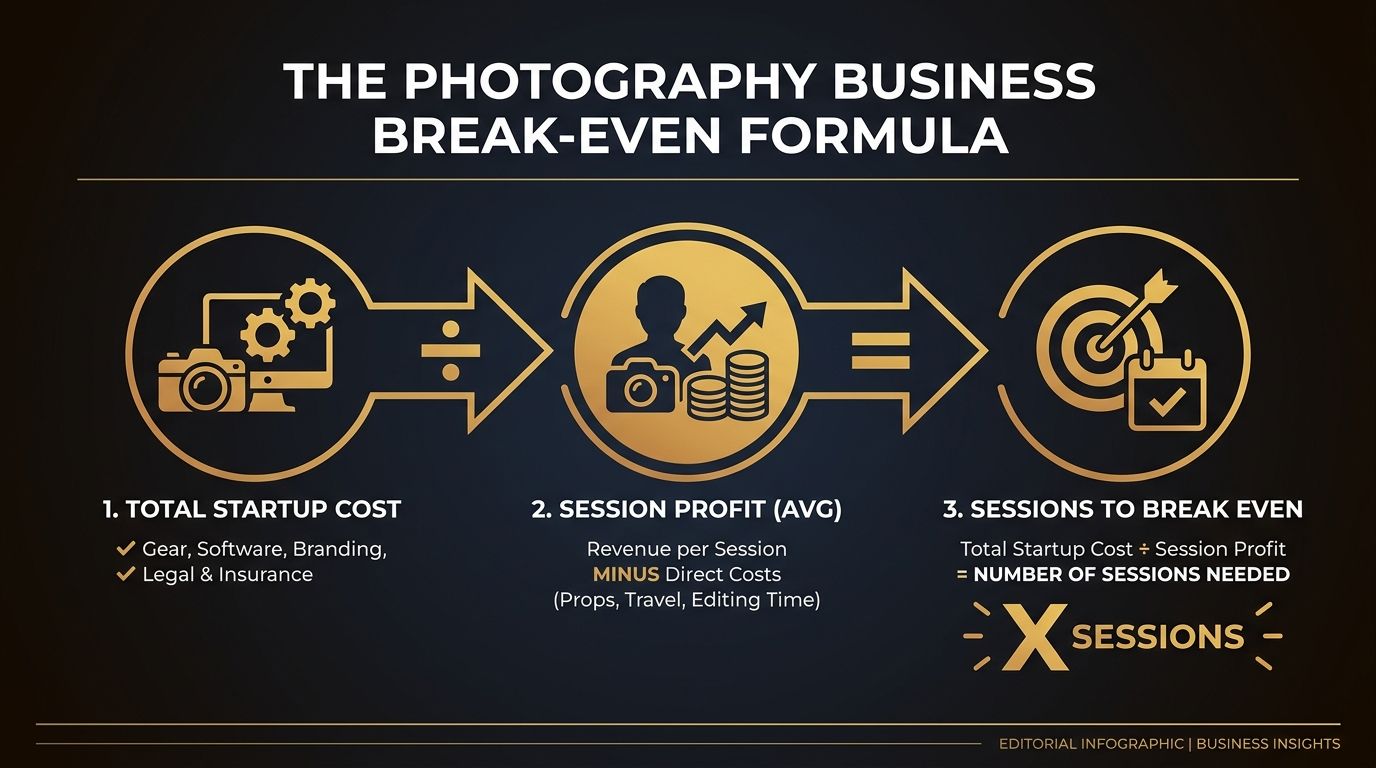 Visual diagram of the photography business break-even formula showing startup cost divided by session profit equals sessions to break even