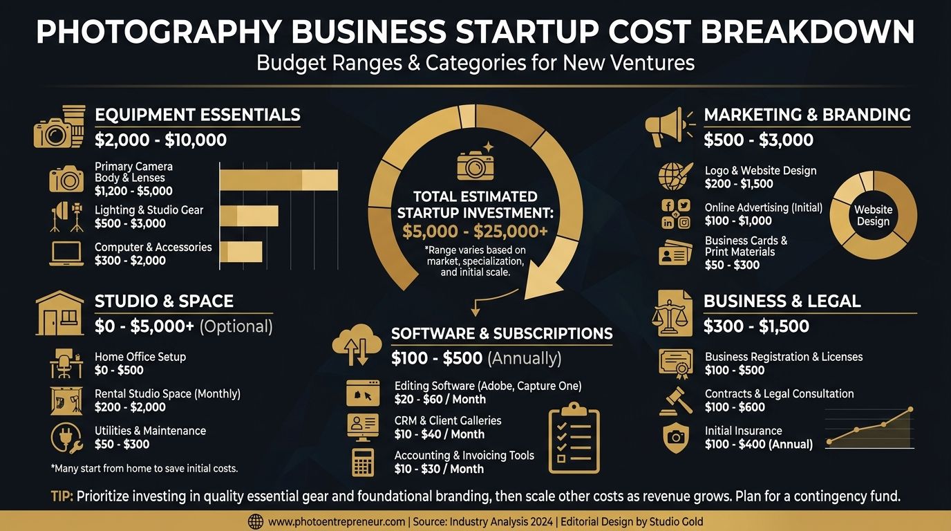 Photography business startup cost breakdown infographic showing budget ranges by category