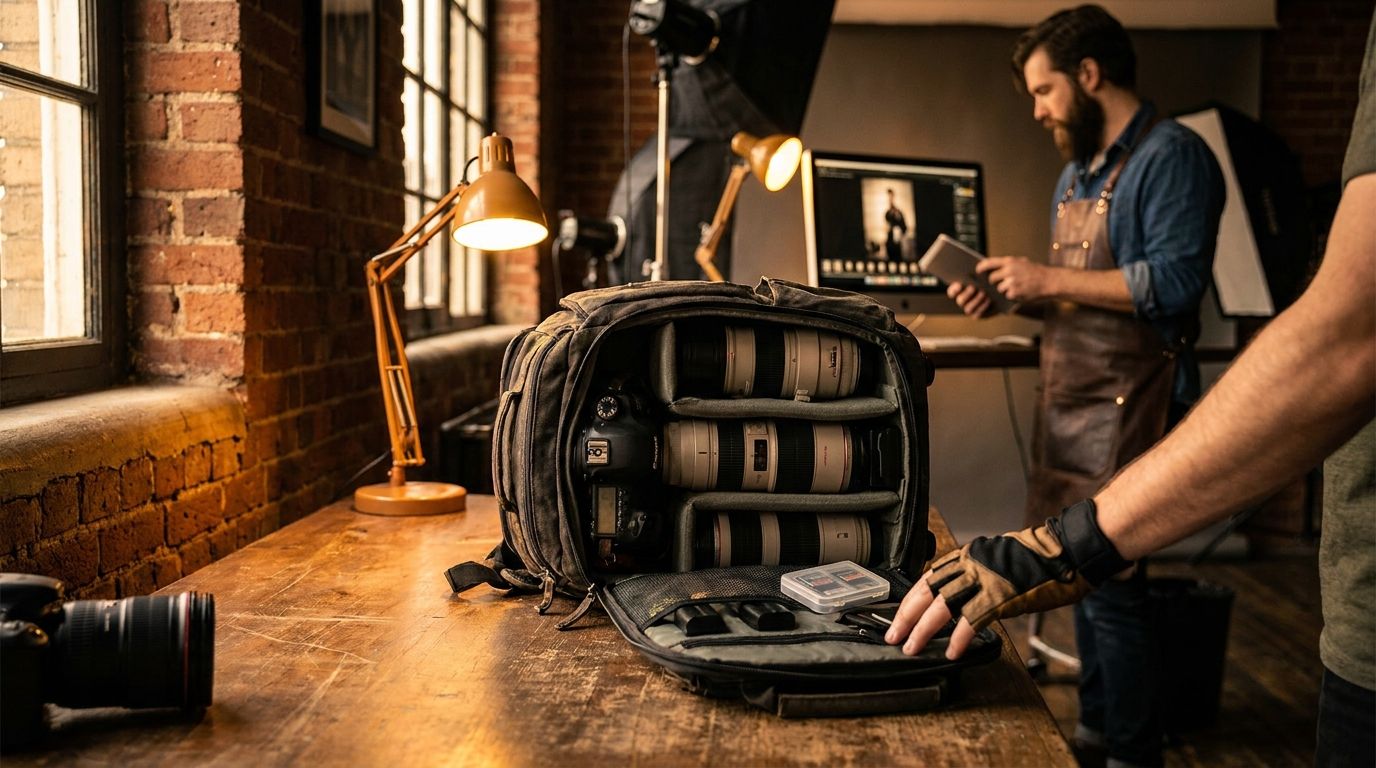 Open padded camera backpack showing organised camera body, two lenses, SD cards, and spare batteries in padded compartments