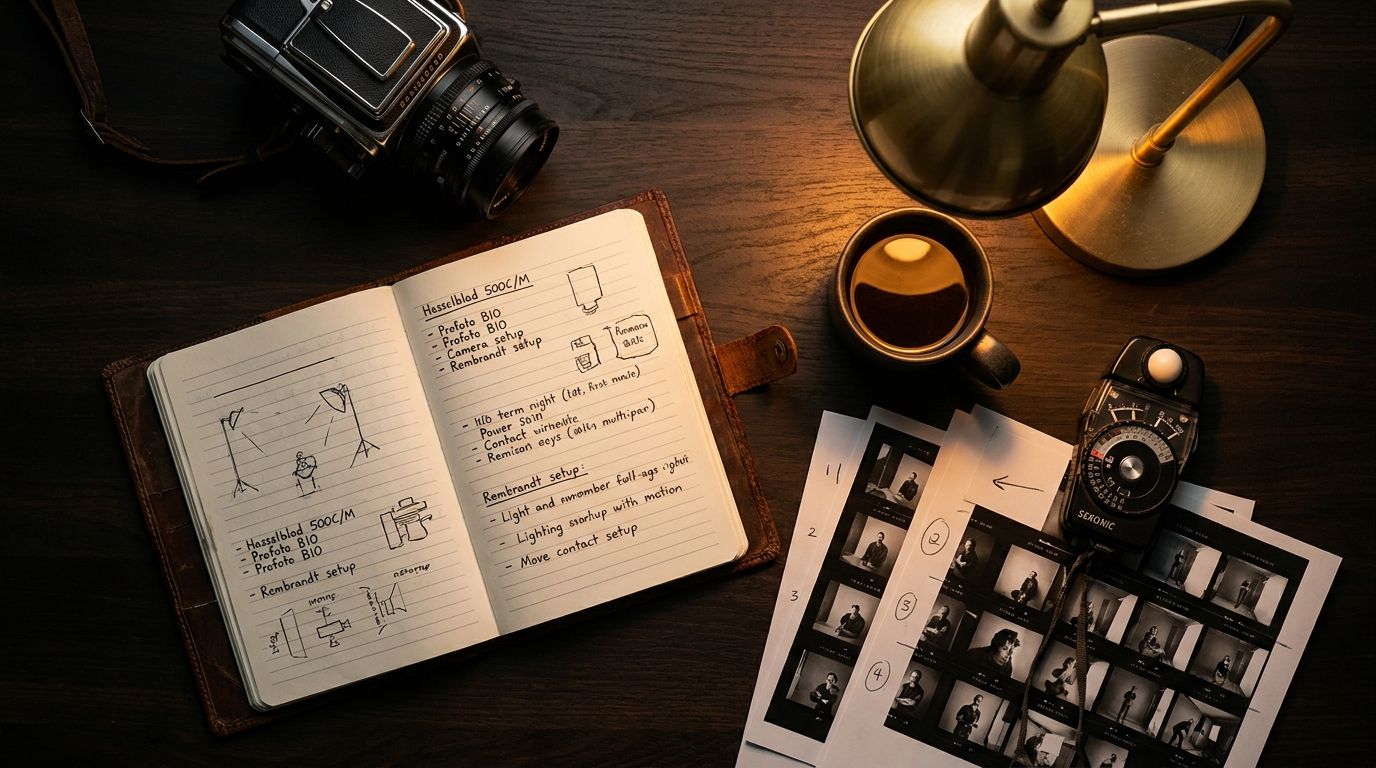 Photographer workspace flatlay — camera, notebook with lighting diagrams, light meter, contact sheets