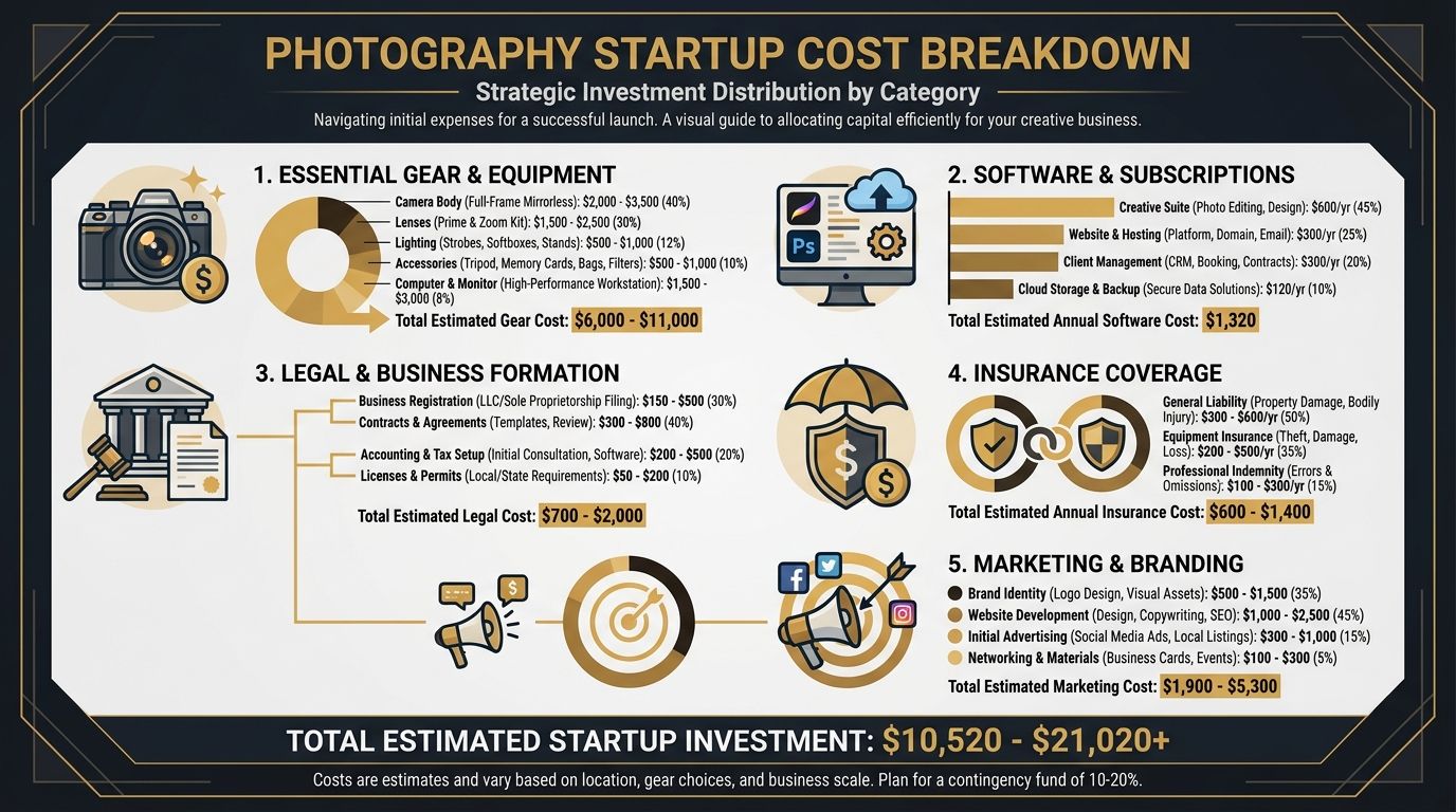 Infographic showing photography business startup cost breakdown by category including gear, software, legal, insurance, and marketing