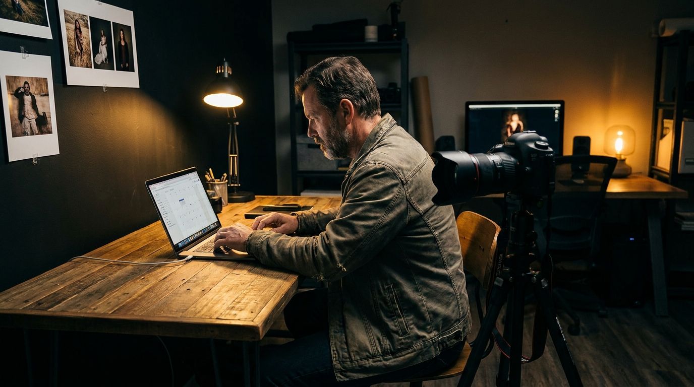 Photographer reviewing client bookings on a laptop with a camera on the desk nearby